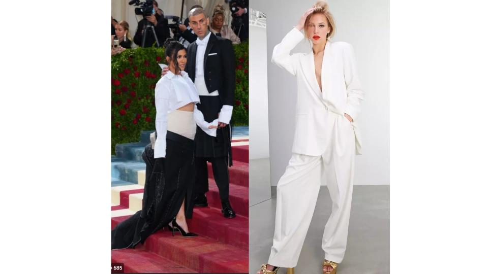 At left is Kourtney Karadashian and partner at the Met Gala, wearing variations on traditional tuxedos; at right is a model wearing a oversize silky white longline wedding blazer, $180, over white pants. 