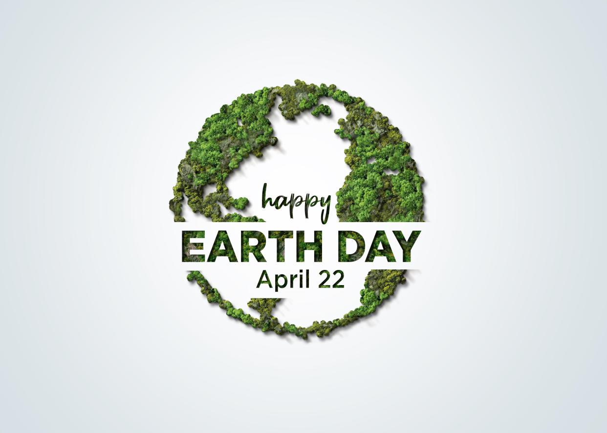 Earth day concept. 3d eco friendly design.Earth map shapes with trees water and shadow. Save the Earth concept. Happy Earth Day, 22 April.