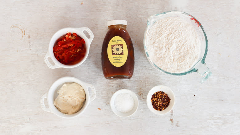 hot honey sourdough ingredients on counter