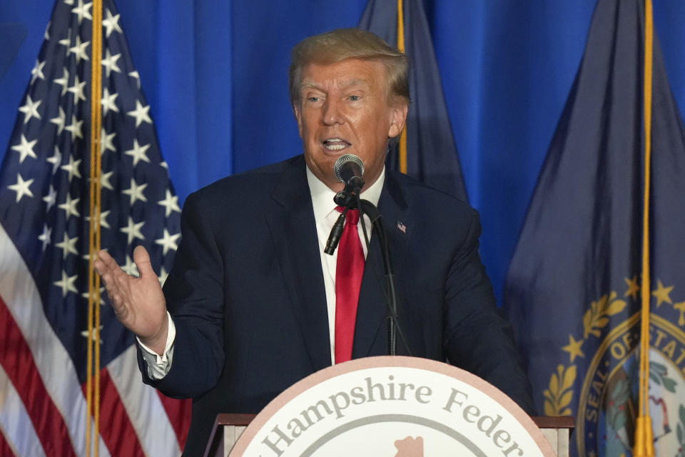 FILE - Former President Donald Trump speaks at the New Hampshire Federation of Republican Women Lilac Luncheon, Tuesday, June 27, 2023, in Concord, N.H. While most GOP presidential candidates are focused only on early states like Iowa and New Hampshire, Donald Trump and Ron DeSantis also are looking ahead to Super Tuesday. March 5, 2024 is when the largest number of of delegates are up for grabs of any single day in the primary cycle. (AP Photo/Steven Senne, File)