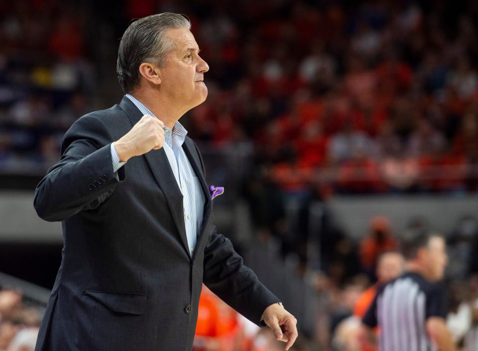 Kentucky Wildcats head coach John Calipari reacts to a play as Auburn Tigers men's basketball takes on Kentucky Wildcats at Auburn Arena in Auburn, Ala., on Saturday, Jan. 22, 2022. Auburn Tigers defeated Kentucky Wildcats 80-71.