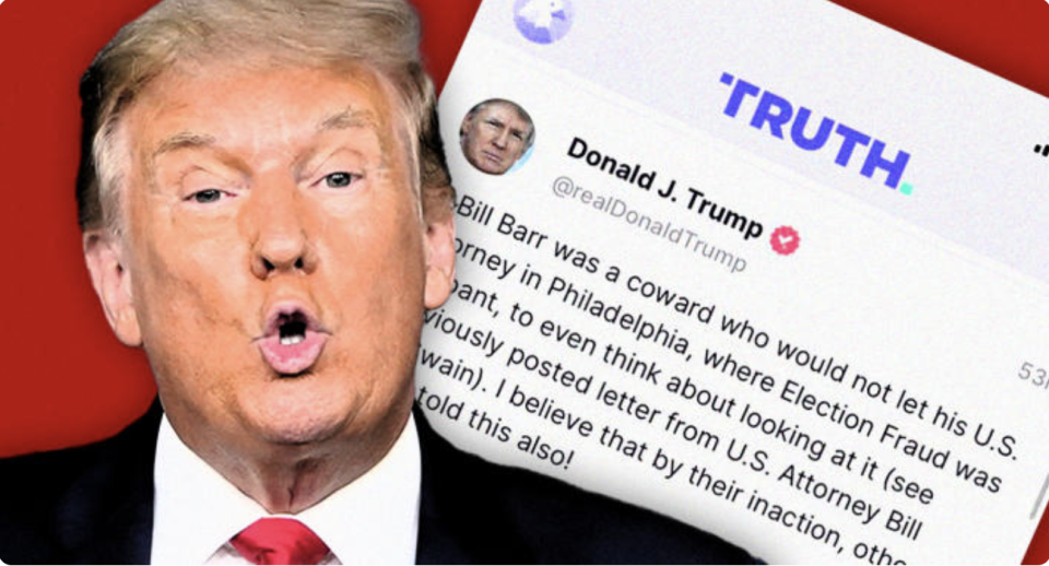 President Trump and one of his raving posts on his 'Truth' social media. (Photo Illustration: Yahoo News; photo: AP, via Truth)