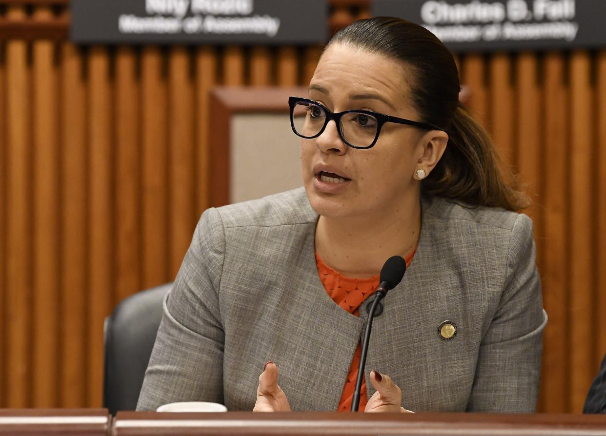 New York state Assemblywoman Catalina Cruz, D-Jackson Heights, speaks at a public hearing on sexual harassment in the workplace in February 2019, in Albany. 