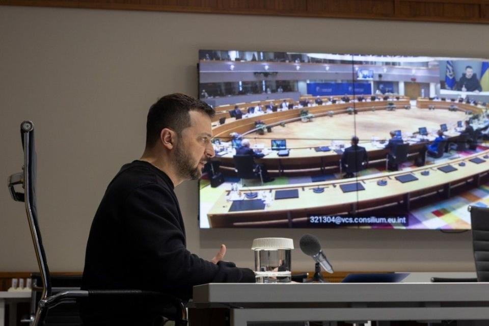 President Volodymyr Zelensky delivers a virtual address to the European Council on March 21, 2024. (Ukraine's Presidential Office)