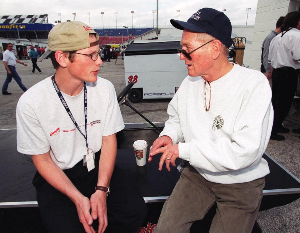 Paul Newman returned to Daytona for the Rolex 24 in 2000, at age 75. Here he's talking with co-driver Gunnar Jeannette, who was just 17 at the time.