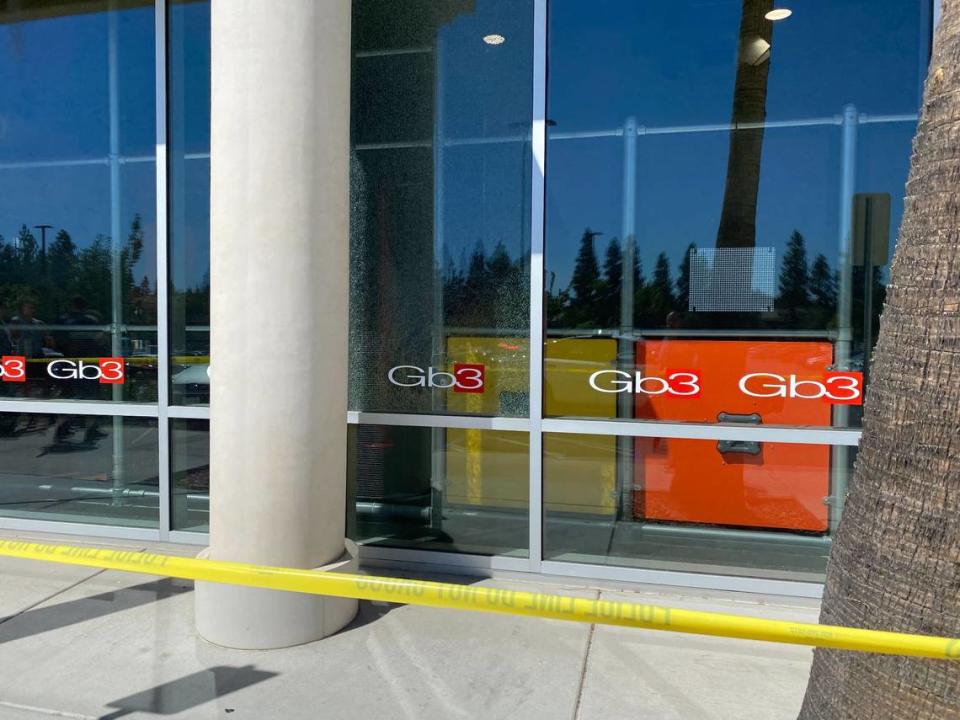 A window at GB3 North on East Champlain Drive in Fresno, California, was struck by a bullet during a shooting on Wednesday, June 29, 2022.
