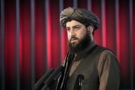 FILE - The Taliban's Acting Afghan Minister of Defence Mullah Mohammad Yaqoob speaks during a ceremony marking the 9th anniversary of the death of Mullah Mohammad Omar, the late leader and founder of the Taliban, in Kabul, Afghanistan, April 24, 2022. The Taliban win in Afghanistan gave a boost to militants in neighboring Pakistan. Faced with rising violence, Pakistan is taking a tougher line to pressure Afghanistan’s Taliban rulers to crack down on militants hiding on their soil, but so far the Taliban remain reluctant to take action -- trying instead to broker a peace.(AP Photo/Ebrahim Noroozi, File)