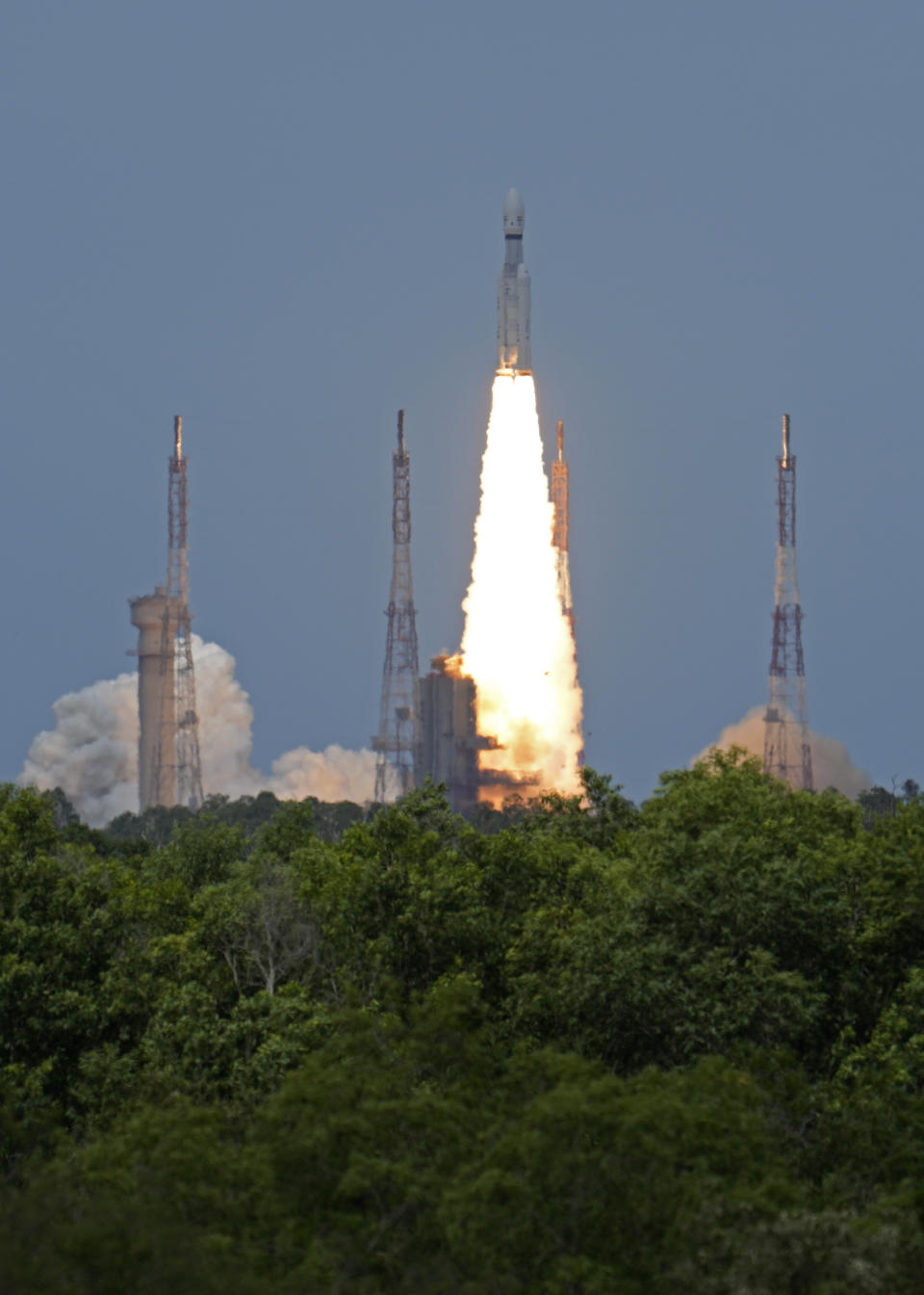Indian spacecraft Chandrayaan-3, the word for "moon craft" in Sanskrit, lifts off from the Satish Dhawan Space Centre in Sriharikota, India, Friday, July 14, 2023. The Indian spacecraft blazed its way to the far side of the moon Friday in a follow-up mission to its failed effort nearly four years ago to land a rover softly on the lunar surface, the country's space agency said. A successful landing would make India the fourth country, after the United States, the Soviet Union, and China, to achieve the feat. (AP Photo/Aijaz Rahi)