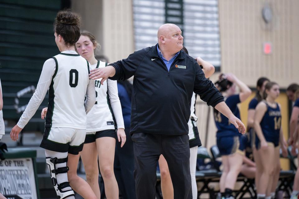 Wachusett coach Jim Oxford looks to the scoreboard during a timeout Tuesday night.