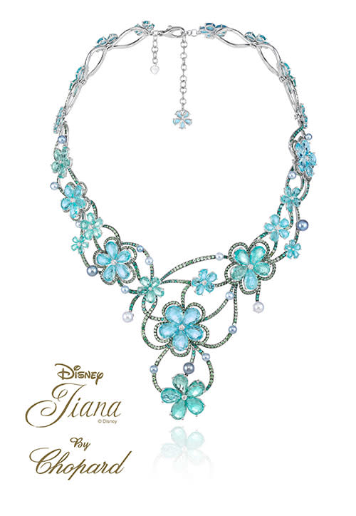 <b>Snow White</b><br><br>Reminiscent of the floating flowers on which Tiana and her prince floated upon, in The Princess and the Frog Chopard created this elegant necklace of baby blue flowers. Designed with intertwined branches pavéd tsavorites and forest-green emeralds, this £601,000 is fit for a princess.