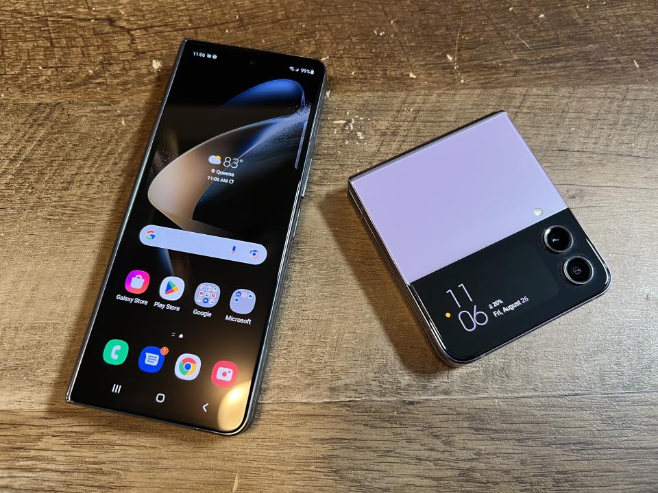 Samsung's Galaxy Z Fold4 (left) and Galaxy Z Flip4 (right), are the company's latest foldable devices. (Image: Howley)