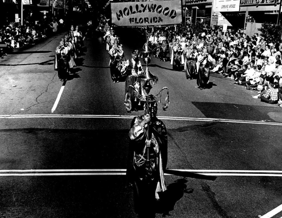 Hollywood’s Shrine Band struts in the King Orange Jamboree Parade in downtown Miami in 1965. Miami Herald File