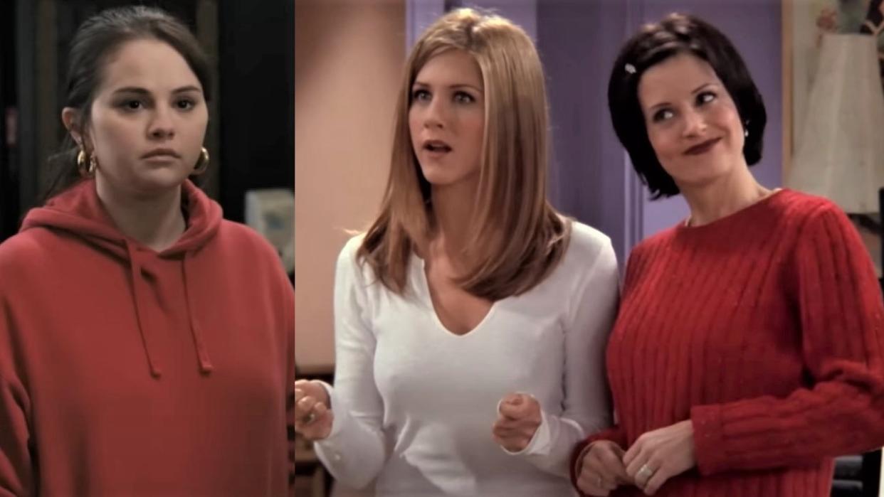  In a side-by-side image, Selena Gomez is expressionless in a scene from Only Murders in the Building, while Jennifer Aniston and Courteney Cox stand next to each other as Rachel and Monica in a scene from Friends. 