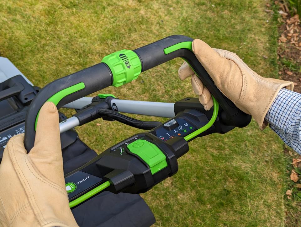 A close-up of the controls of the EGO LM2130E mower