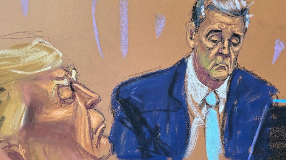 PHOTO: Michael Cohen testifies during former President Donald Trump's criminal trial in Manhattan state court in New York City, May 14, 2024 in this courtroom sketch. (Jane Rosenberg via Reuters)