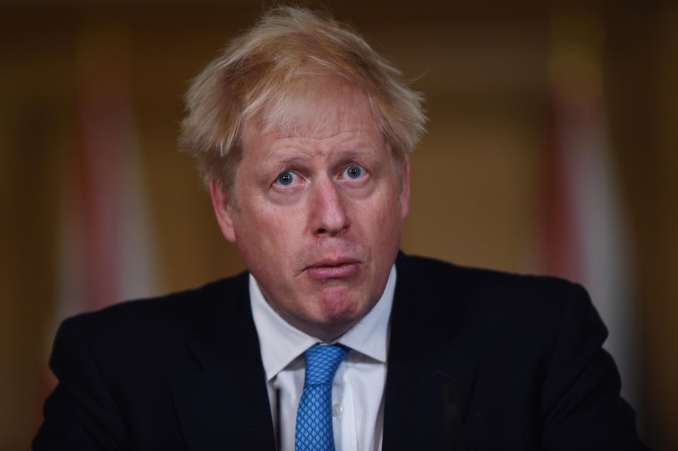 LONDON, ENGLAND - OCTOBER 16: Britain's Prime Minister Boris Johnson speaks during a virtual press conference on the latest coronavirus data at Downing Street on October 16, 2020 in London, England. The government announced further regions going into Tier 3 Coronavirus restriction as of midnight on Friday. Government data released today indicates the R number range for the whole of the UK had increased slightly from between 1.2 and 1.5 last week to 1.3 and 1.5. (Photo by Eddie Mulholland - WPA Pool/Getty Images)