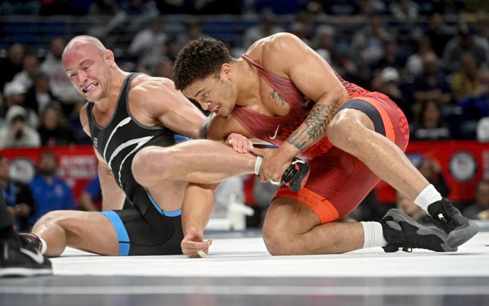 Greg Kerkvliet controls Christian Lance in a 125 kg quarterfinal bout during the U.S. Olympic Team Trials at the Bryce Jordan Center on Friday, April 19, 2024.