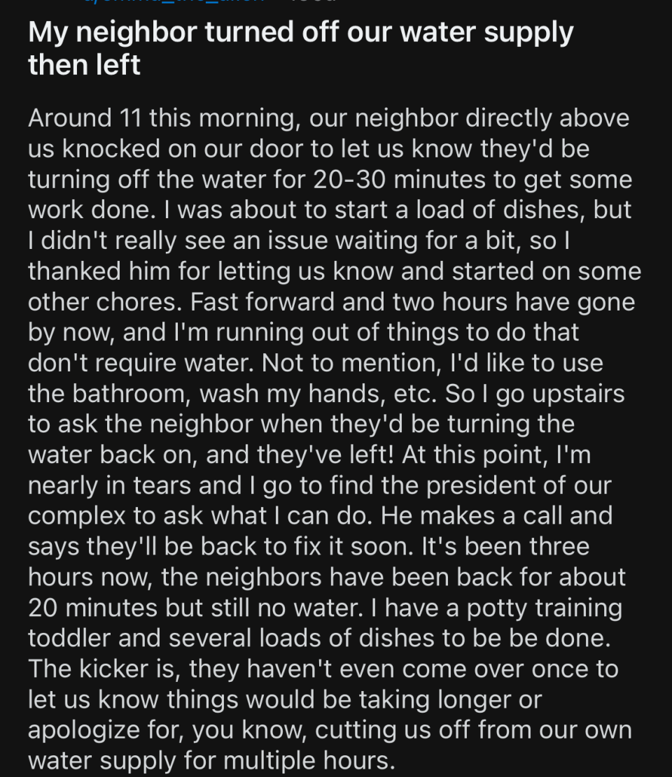 Reddit post by emma_the_alien mentioning their neighbor turning off the water supply for 20-30 minutes. Comment by KPY44: "You always have to make it look like you are doing a plumbing project."
