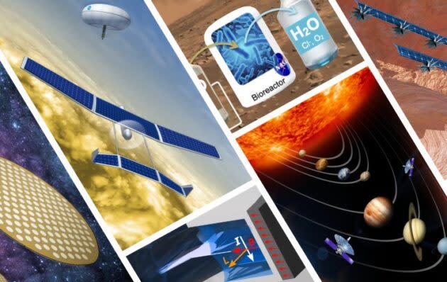 This collage highlights several concepts proposed by 2024 NIAC Phase I awardees, including miniaturized interstellar spacecraft, a Venus glider, a water detoxifier for Mars, a solar-system-scale interferometer and an electric aircraft flying above Mars. (NASA Illustration)