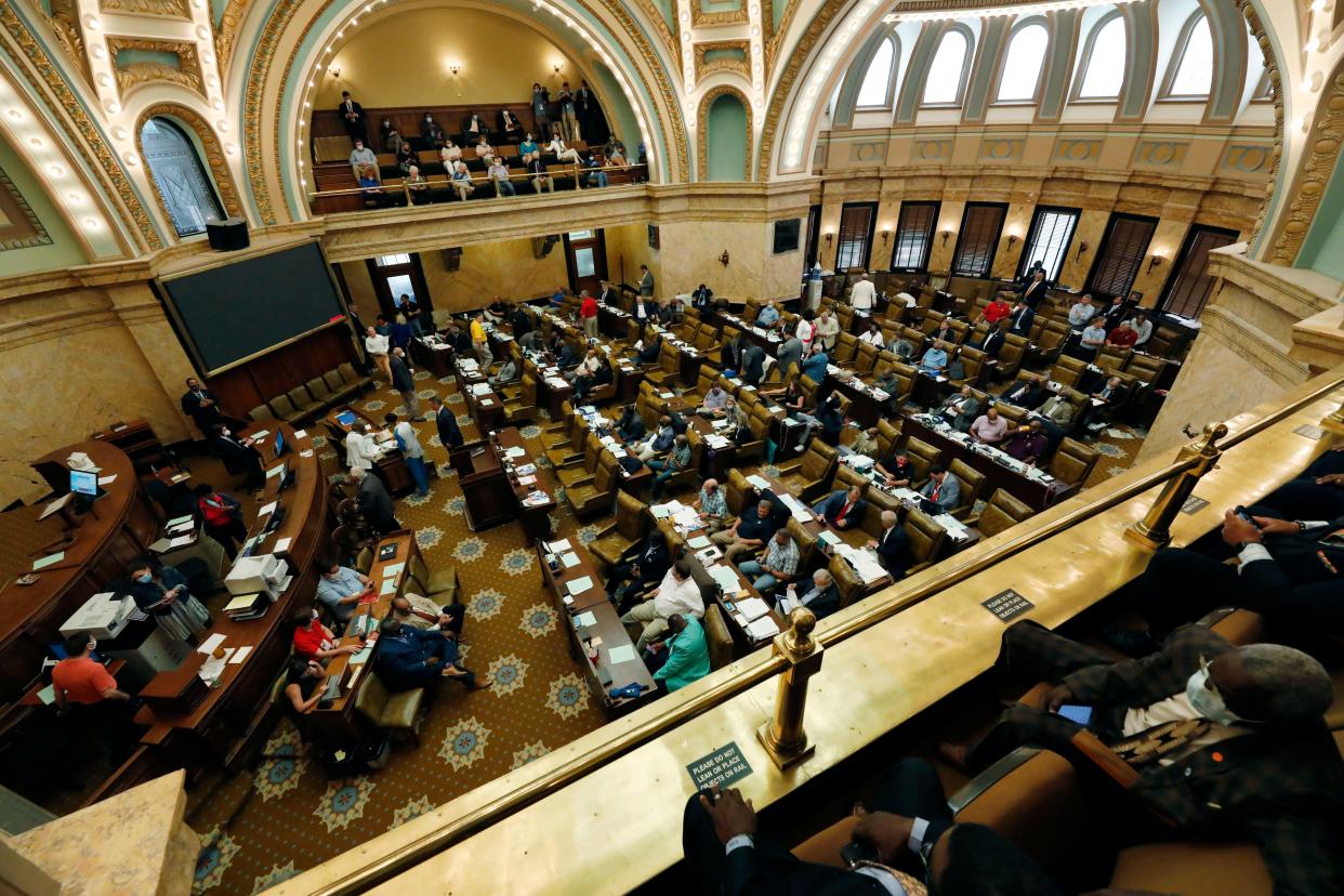 In this June 27, 2020 photo, observers watch the House consider a number of bills at the Capitol in Jackson, Miss.