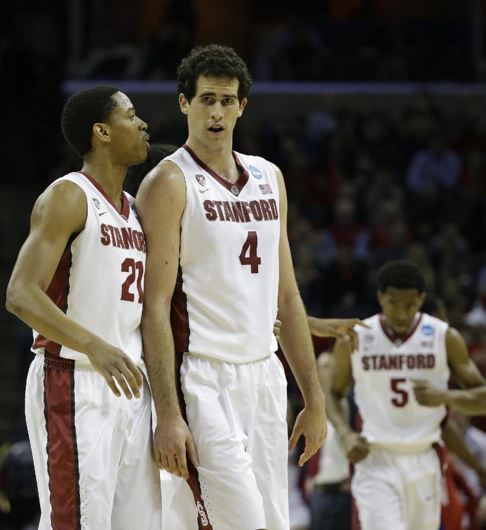 Stanford center Stefan Nastic (4) walks on the court against Dayton during the first half in a regional semifinal game at the NCAA college basketball tournament, Thursday, March 27, 2014, in Memphis, Tenn. (AP Photo/Mark Humphrey)