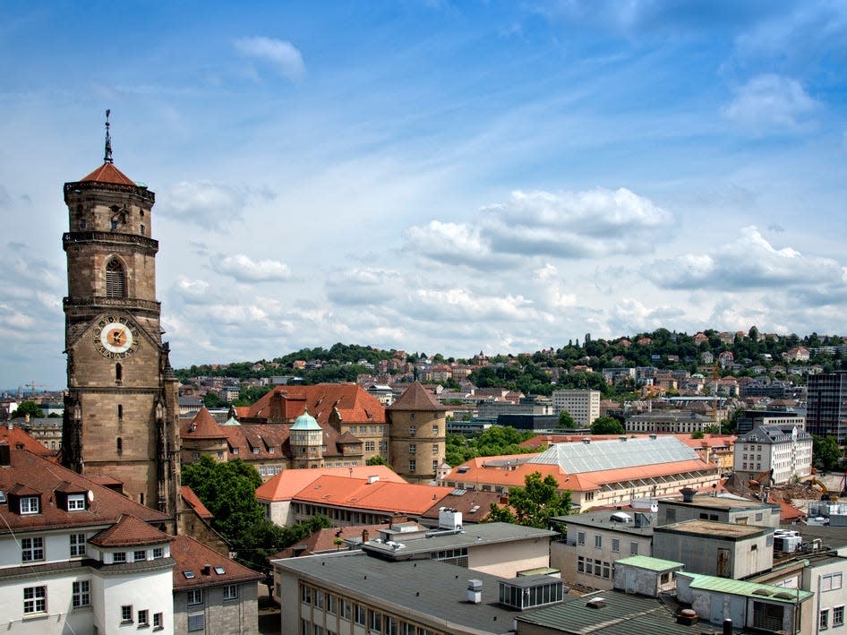 View over Stuttgart with Stiftskirche (Church).