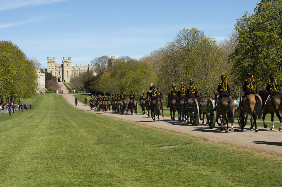 The King's Troop in honour of Prince Philip on the day of his funeral.