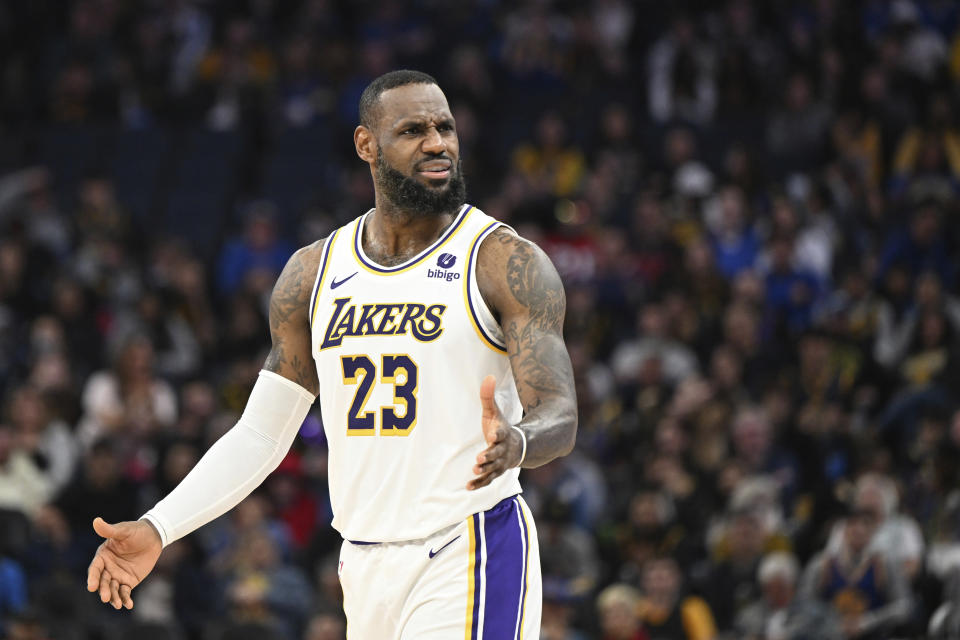 Los Angeles Lakers forward LeBron James reacts after a referee's call during the first half of an NBA basketball game against the Golden State Warriors, Saturday, Jan. 27, 2024, in San Francisco. (AP Photo/Nic Coury)