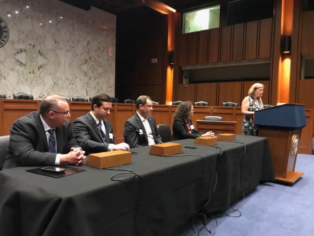 Space industry executives Mike Gold, Brad Cheetham, Michael López-Alegría and Erika Wagner take part in a panel discussion moderated by former NASA Deputy Administrator Lori Garver at the podium. (Photo courtesy of Future Space Leaders via Twitter)