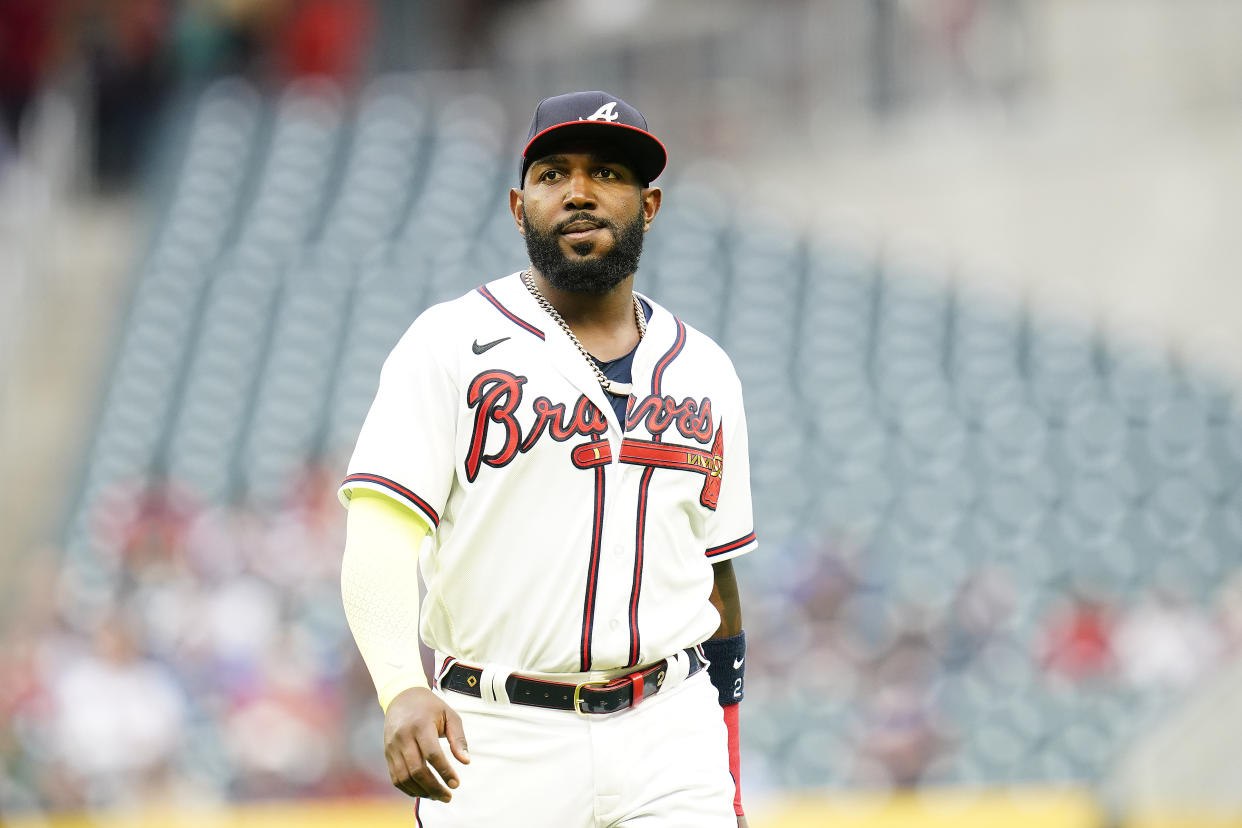 ATLANTA, GA - MAY 11: Marcell Ozuna #20 of the Atlanta Braves looks on during the Tuesday night MLB game between the Toronto Blue Jays and the Atlanta Braves on May 11, 2021 at Truist Park in Atlanta, Georgia.  (Photo by David J. Griffin/Icon Sportswire via Getty Images)