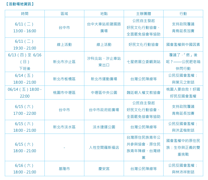 「公民反國會濫權，在地對話」活動行程表。歐芯萌製表