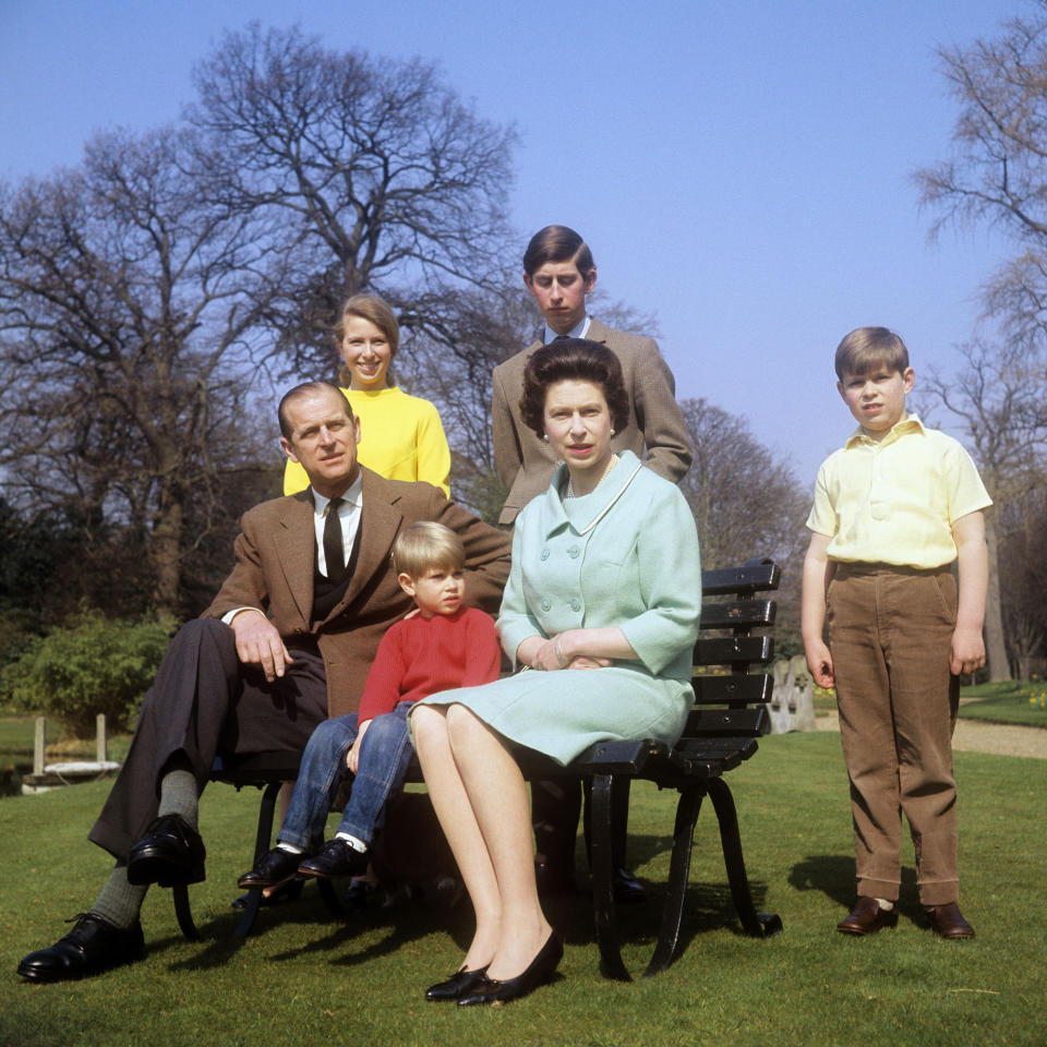 <p>The Queen and Prince Philip with their four children on 21 April 1968, in the grounds of Frogmore House, Windsor, Berkshire. (Getty Images)</p> 
