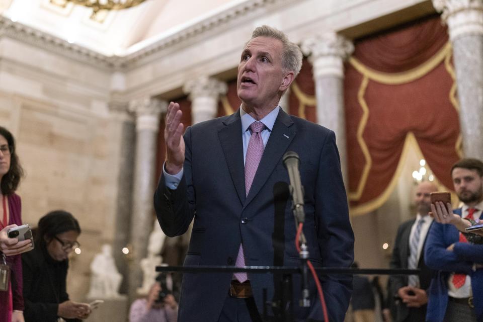 Newly elected Speaker of the House Kevin McCarthy, R-Calif., speaks to reporters after a contentious battle for leadership of the GOP majority in the 118th Congress at the Capitol in Washington, Saturday, Jan. 7, 2023. (AP Photo/ José Luis magana)