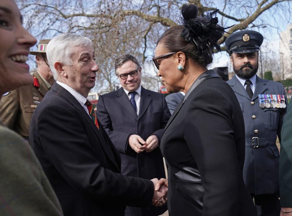 Speaker of the House of Commons Sir Lindsay Hoyle (left) greets Baroness Patricia Scotland (PA)