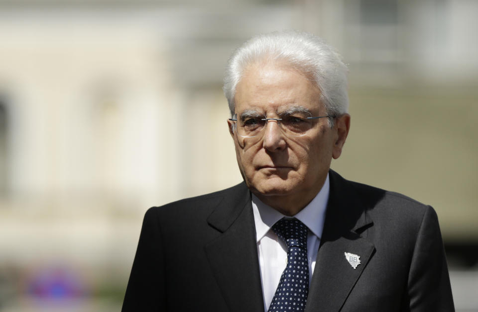 President of Italy Sergio Mattarella poses for photo during ceremony of welcoming delegation of Brdo Brijuni leaders meeting in Sarajevo, Bosnia on Sunday, May. 29, 2016.  The Brdo Brijuni process is an initiative generated by Slovenia and Croatia with political dialogue and regional cooperation for smooth integration with European Union for the Eastern Europe countries. (AP Photo/Amel Emric)