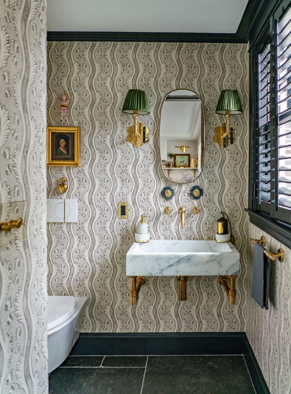 a wavy antoinette poisson print adds whimsy to this tailored powder room by liz caan no shower means no need to worry about humidity affecting the glue