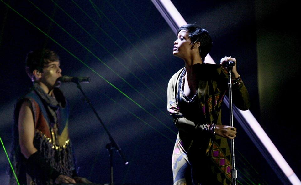 Rihanna performs on stage with Klaxons, during the BRIT Awards 2008, at Earls Court in central London.
