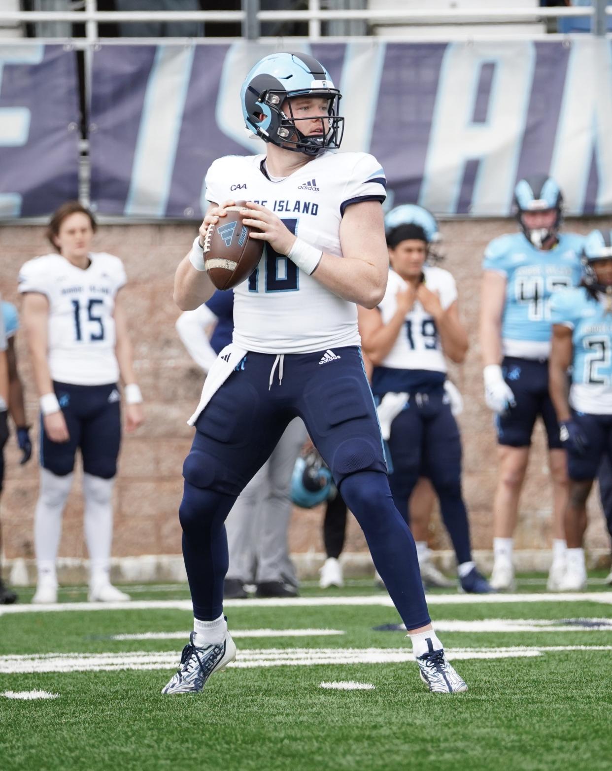 Hunter Helms looks to pass in Rhode Island's spring football game on Saturday.