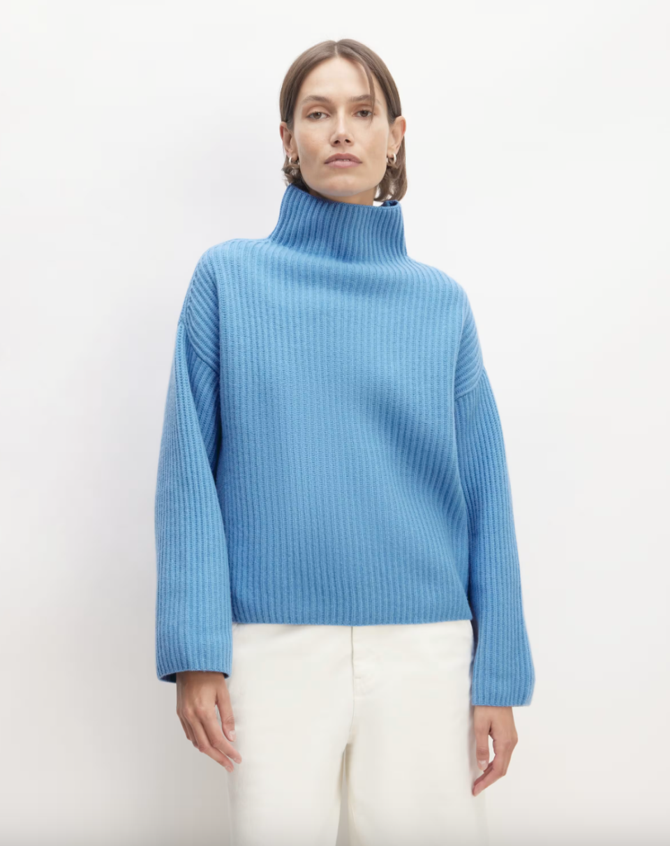The Felted Merino Funnel-Neck Pullover in Heritage Blue (Photo via Everlane)