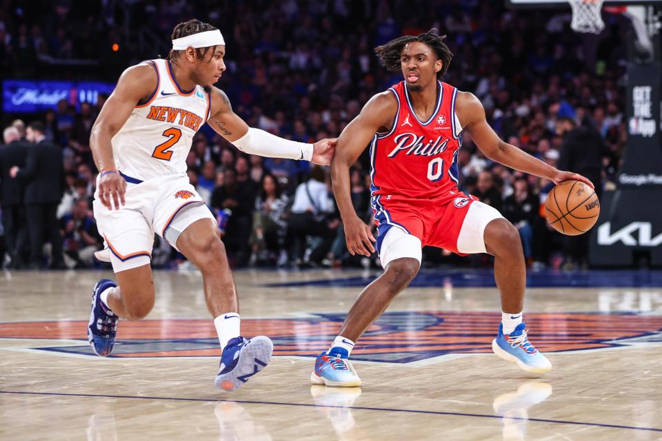 Apr 20, 2024; New York, New York, USA; Philadelphia 76ers guard Tyrese Maxey (0) and New York Knicks guard Miles McBride (2) during game one of the first round for the 2024 NBA playoffs at Madison Square Garden. Mandatory Credit: Wendell Cruz-USA TODAY Sports