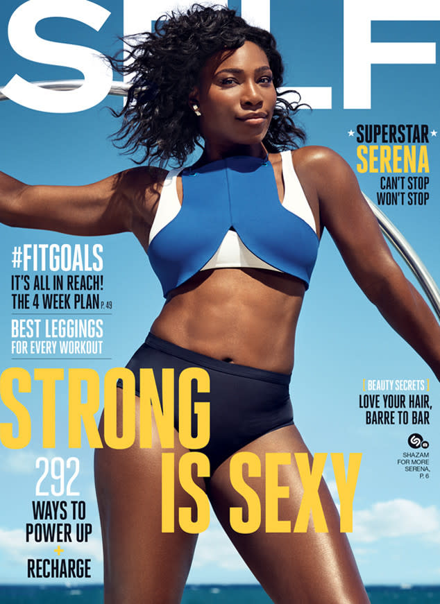 <p>The tennis pro served face with a side of abs on the cover of <i>Self</i> in an allSisters swimsuit layered under a Jacquemus top and Chromat knickers. <i>(Photo: Mark Seliger for Self magazine)</i></p>