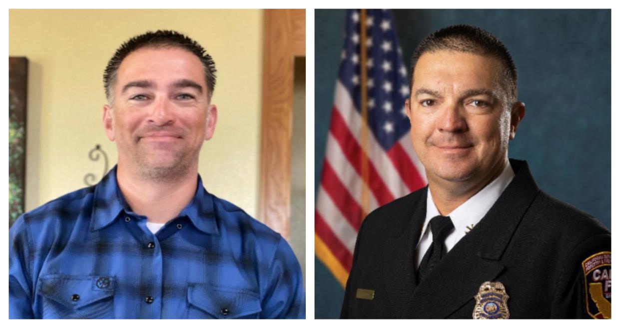 Cal Fire Capt. Tim Rodriguez, left, and Assistant Chief Josh Bischof were among three people killed when two helicopters crashed in midair Sunday, Aug. 6, 2023, while responding to a fire in Cabazon. A photo of the third person, contract pilot Tony Sousa, was not available.