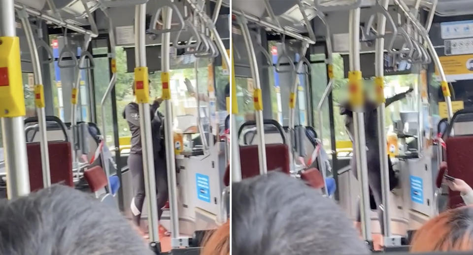 A woman stands at the front of a bus in Sydney and yells at the driver over the face mask rules for public transport