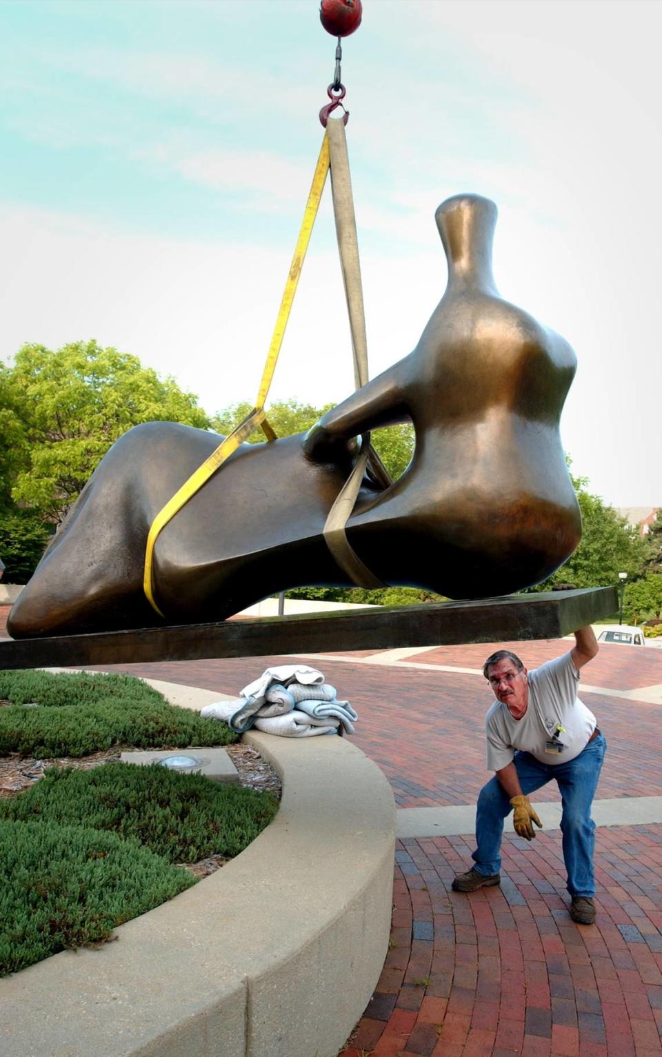 Henry Moore’s “Reclining Figure: Hand” as it was installed outside the Ablah Library at Wichita State University in 2005. File photo