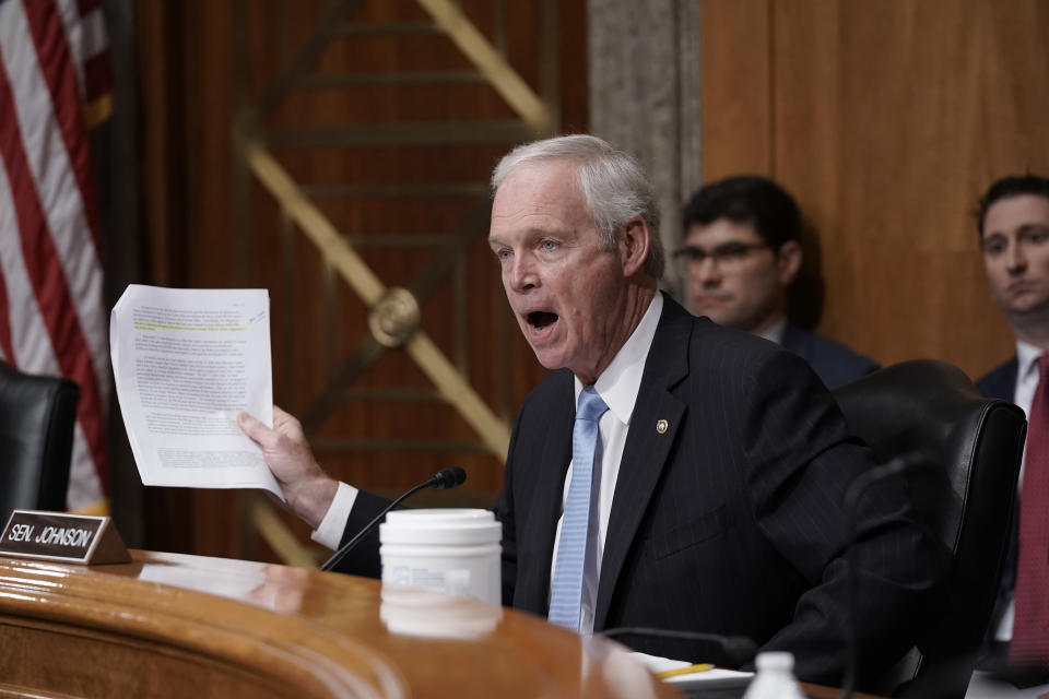 FILE - Sen. Ron Johnson, R-Wis., the ranking member of the Senate Permanent Subcommittee On Investigations, speaks as the panel holds a hearing at the Capitol in Washington, July 26, 2022. Far from shying from his contrarian reputation, Johnson is leaning into controversy as he runs for his third term. He has called for the end of guaranteed money for Medicare and Social Security, two popular programs that American politicians usually steer clear from. He’s trafficked in conspiracy theories about the 2020 election and dabbled in pseudoscience around the coronavirus. (AP Photo/J. Scott Applewhite, File)