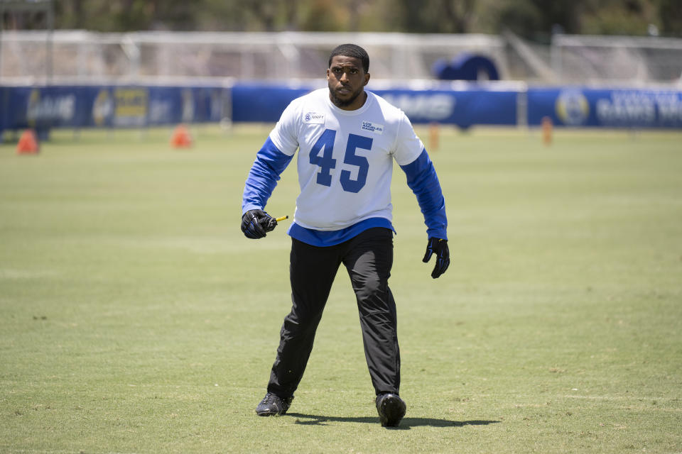 Los Angeles Rams linebacker Bobby Wagner works on a drill during NFL football practice Tuesday, July 26, 2022, in Irvine, Calif. (AP Photo/Kyusung Gong)