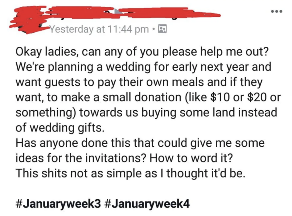 Screenshot of someone being entitled about their wedding