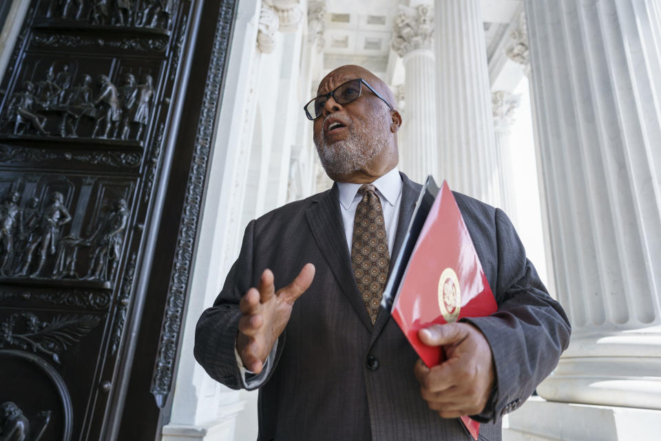 Rep. Bennie Thompson, chairman of the House Homeland Security Committee, departs the Capitol after Speaker of the House Nancy Pelosi, D-Calif., appointed him to lead the new select committee to investigate the violent Jan. 6 insurrection at the Capitol, in Washington, Thursday, July 1, 2021. The probe will examine what went wrong around the Capitol when hundreds of supporters of then-President Donald Trump broke into the building, hunted for lawmakers and interrupted the congressional certification of Democrat Joe Biden's election victory. (AP Photo/J. Scott Applewhite)