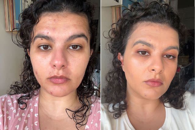 <p>Tamim Alnuweiri</p> Before and after wearing Haus Labs Foundation, Fenty Hella Thicc Mascara, Rare Beauty Cream Blush in Nearly Neutral, Hard Candy Insta Pout Lip Liner in Kiss and Tell, and Byredo eyeshadow in Void.