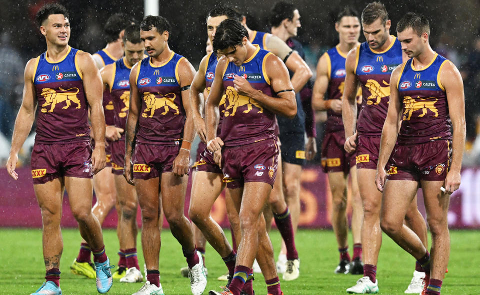 Brisbane Lions players, pictured here after their AFL loss to Geelong.